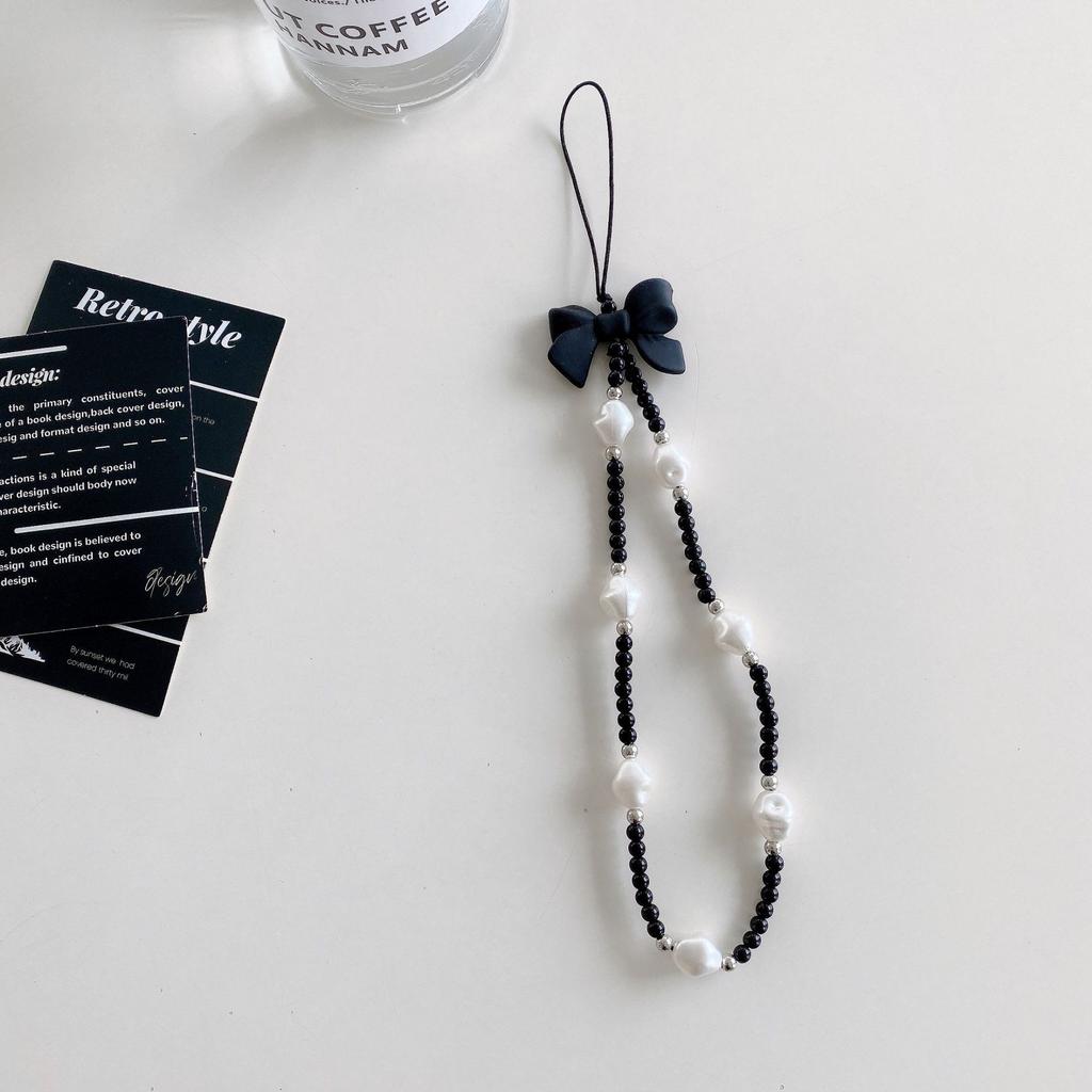 Mobile Phone Chain White Pearl Bow Ins Simple Wind Square Pendant Love Striped Bead Accessories, Mobile Phone Lanyard