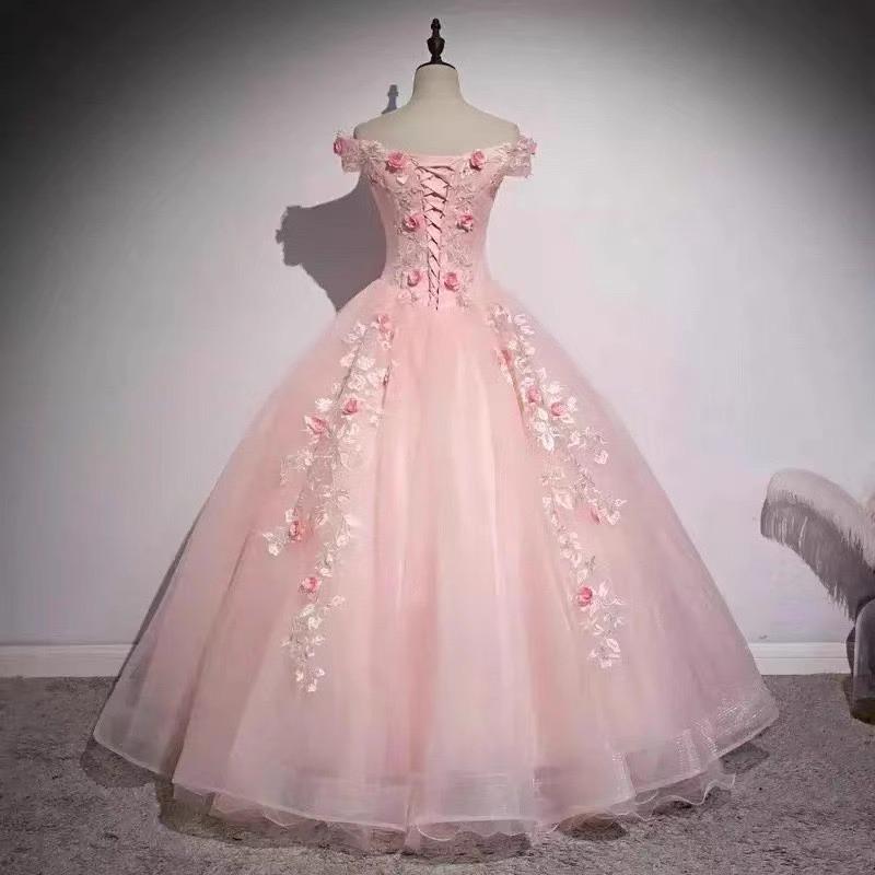 Pink Flowers Shoulder Fluffy Evening Dress Female Solo Art Examination Piano Guzheng Engagement Bridal Toasting Dress