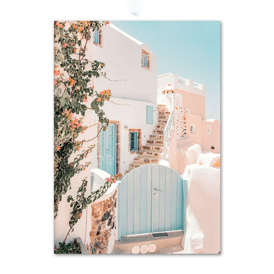 נוף ים כחול תכלת טירת סנטוריני אמנות קיר ציור קנבס פוסטרים והדפסים נורדיים תמונות קיר לעיצוב הסלון