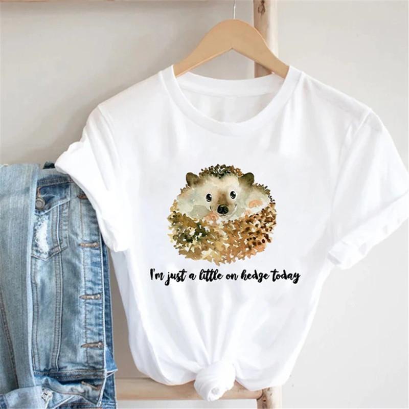 Pink Women Tshirts Casual Cute Cartoon Hedgehog Floral Graphic Print Female Tee Tops Harajuku Fashion Short Sleeve T Shirt Femme