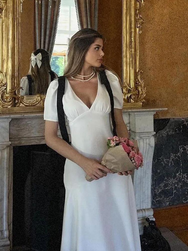 Bogen Patchwork V-Ausschnitt Kurzarm Damenkleid Sommer Party A-Linie Damen Lange Robe