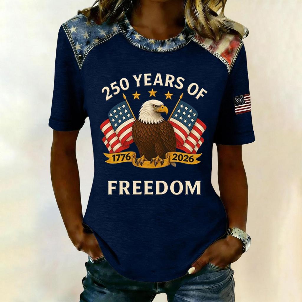 Women's Casual Short Sleeve T Shirt 250 Years of Freedom Patriotic Graphic Tee with Eagle and Flag Print Comfortable Fit