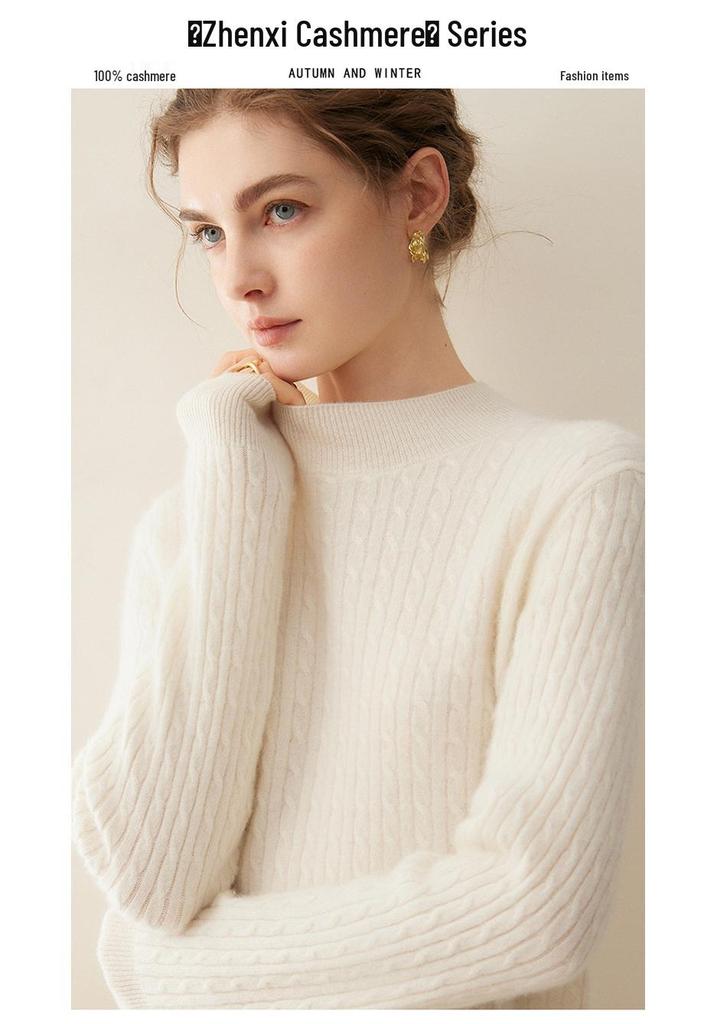 Women's Pure Cashmere Cable Knit Sweater - Autumn/Winter 2026, Half-High Neck, Loose, Slimming, Gentle Style.