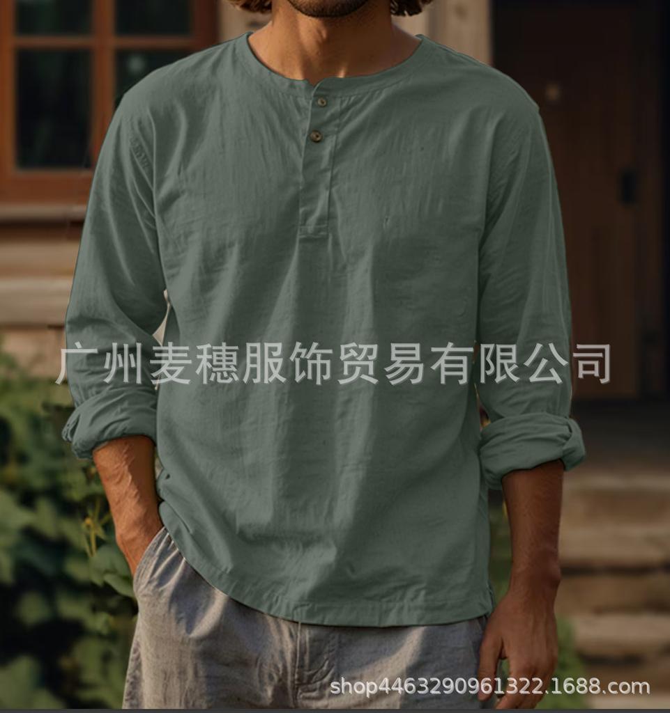 Pánská přeshraniční nová bavlněná a lněná jednobarevná košile s dlouhým rukávem tričko kulatý výstřih cross-clothing knoflíky dva knoflíky len