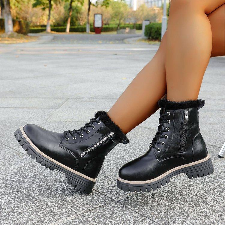 British Style Women's Large Size Padded Thickened Winter Warm Fur One Snow Boots Padded Lining Ankle Boots Non-slip Hiking Sports Martin Boots