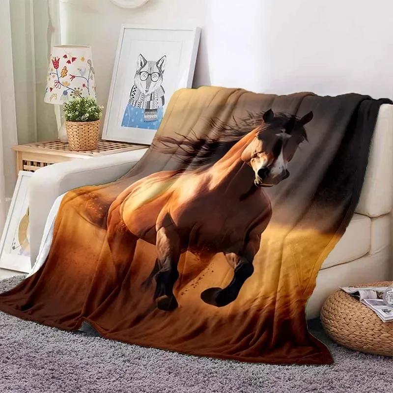 3D Cartoon Horse Print Flannel Throw Blanket – Soft Warm Picnic Blanket, Retro Home & Travel Birthday Gift, Cozy Comfort