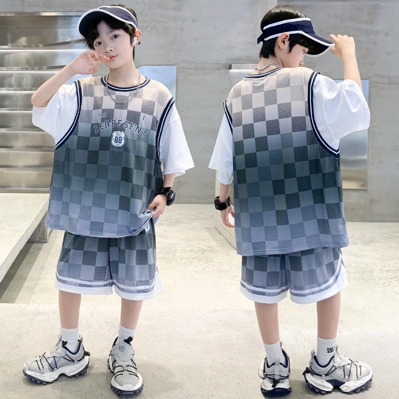 Boys' Basketball Suit Fake Two-piece Set, Summer Thin Ice Silk Quick Drying Sports Two-piece Set, Handsome