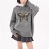 Grauer Pullover Schmetterling Kapuzenstrickpullover Damen 2025 Herbst- und Winterpullover Lässiger Pullover Locker Langärmeliges Oberteil