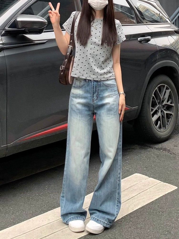 Comfortable Light Blue High Waist Straight Jeans Women Design Sense Embroidery Loose Skinny Drape Wide Leg Trousers Jeans for Women Long Denim Pants