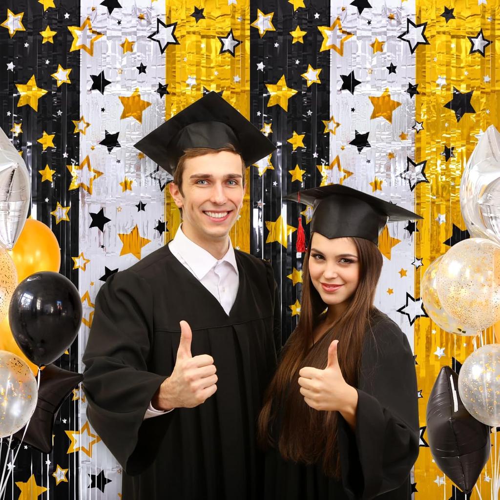 LOLStar New Years Eve Party Supplies 2026, 2 Pack Black Gold Silver Star Pattern New Years Decorations 3.3X6.6 Ft Foil Fringe Curta NYE Backdrop