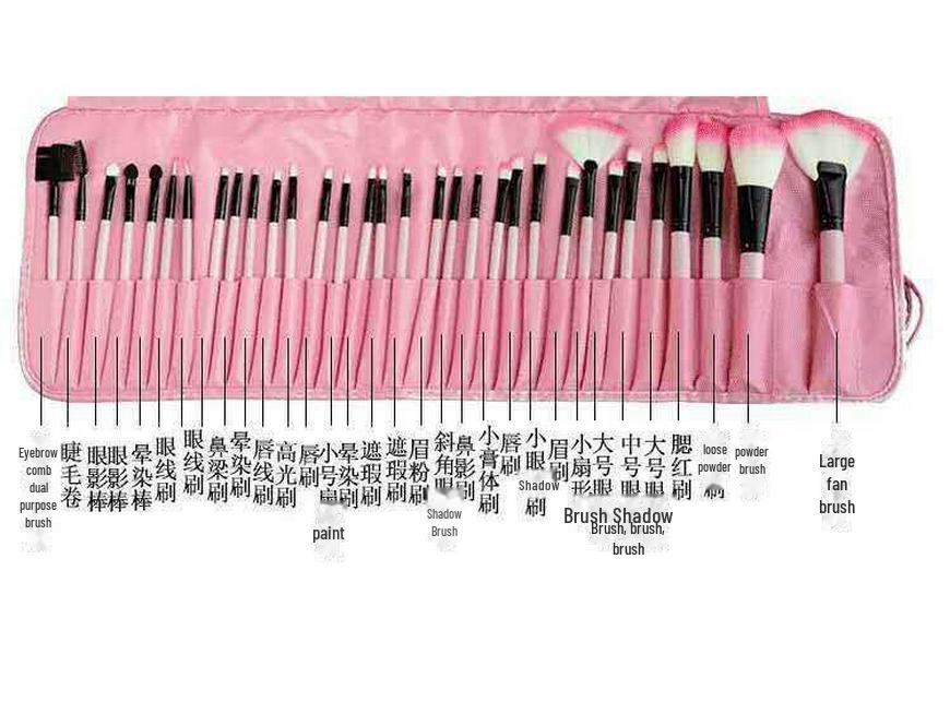 32-Piece Pink Makeup Brush Set with Black Wood Handles