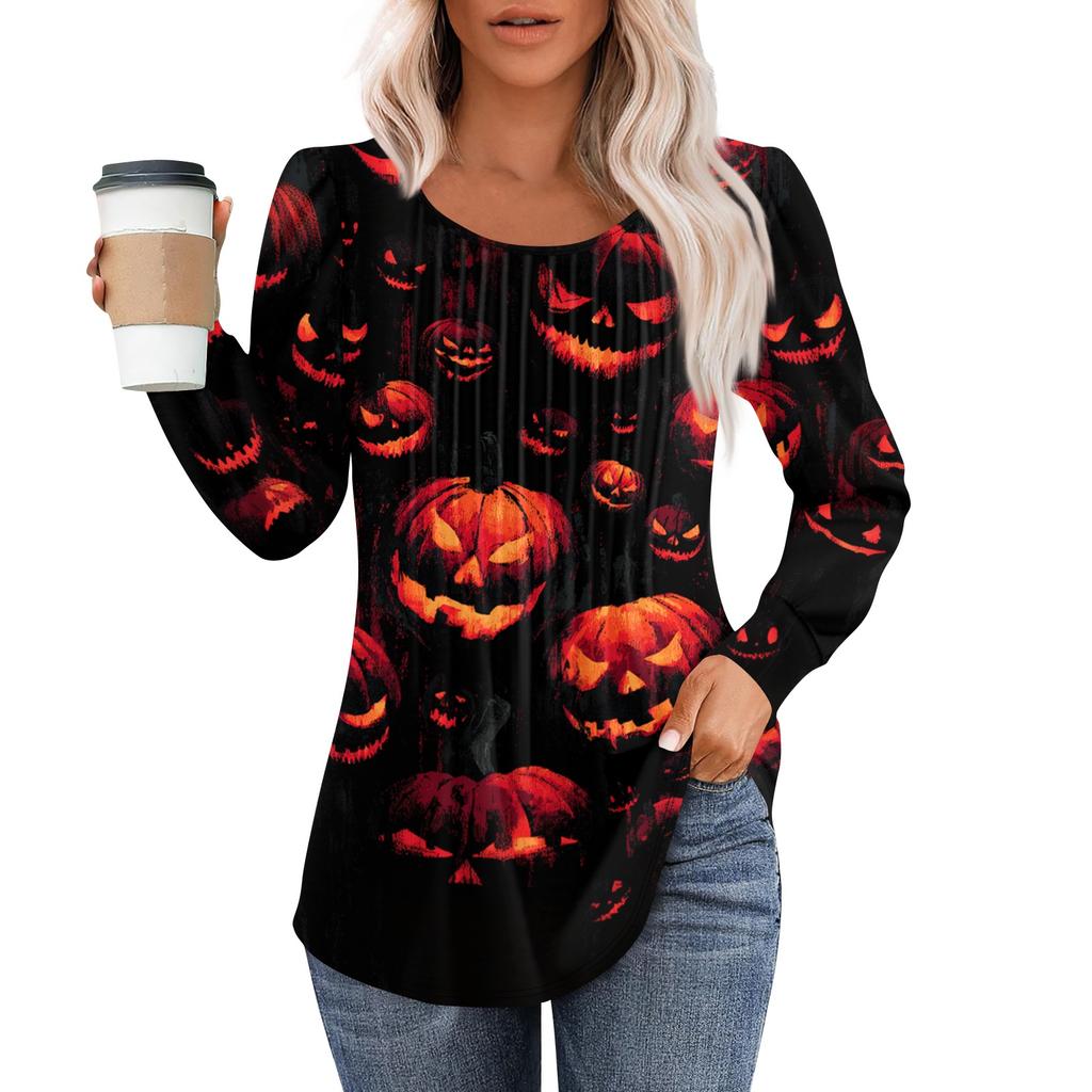 Women's Casual Long Sleeve T Shirt Pleated Round Neck Halloween Pumpkin Print Top Lightweight Comfortable Fit