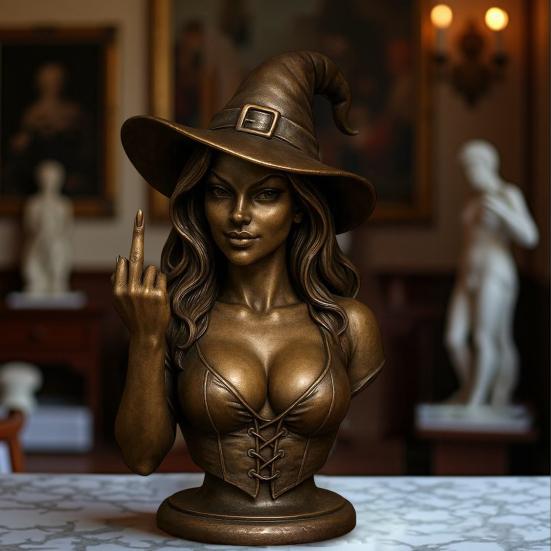 Halloweenská ozdoba čarodějnice se vztyčeným prostředníčkem Pryskyřice Ženská busta Figurka Socha Skulptura Domácí Kancelář Police na knihy Stolní Dekorace Gag Dárek