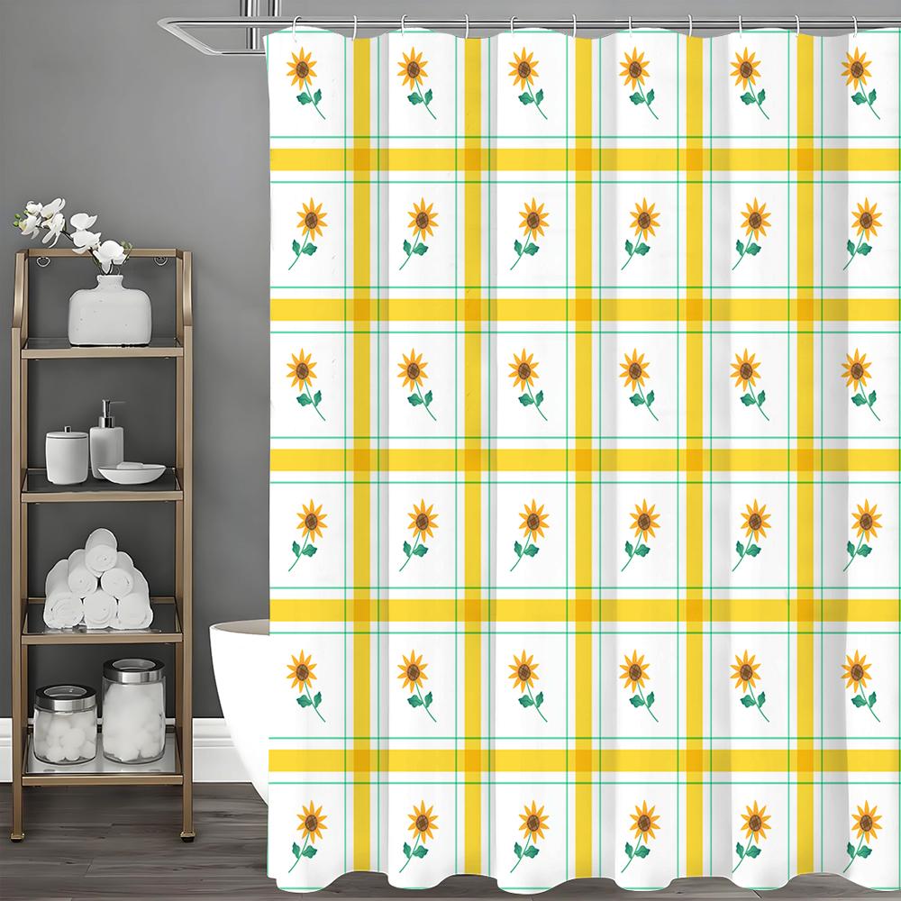 Checkered Sunflower Shower Curtain, Bathroom Decorative Shower Curtain, Waterproof Shower Curtain with Hooks