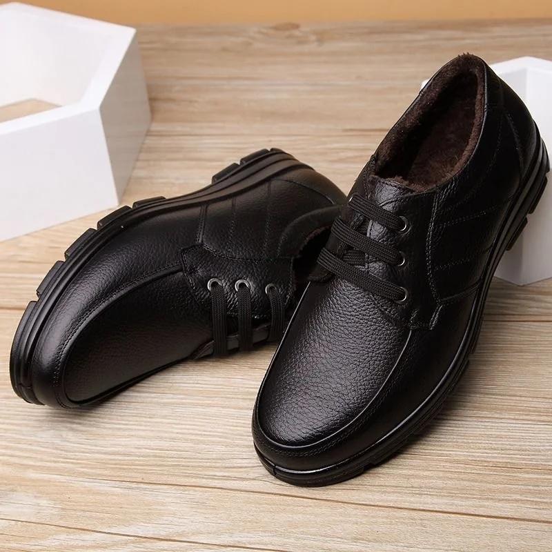 2025 Winter Genuine Leather Shoes Men Winter Shoes Brand Footwear Warm Plush Mens Casual Shoes Black A444