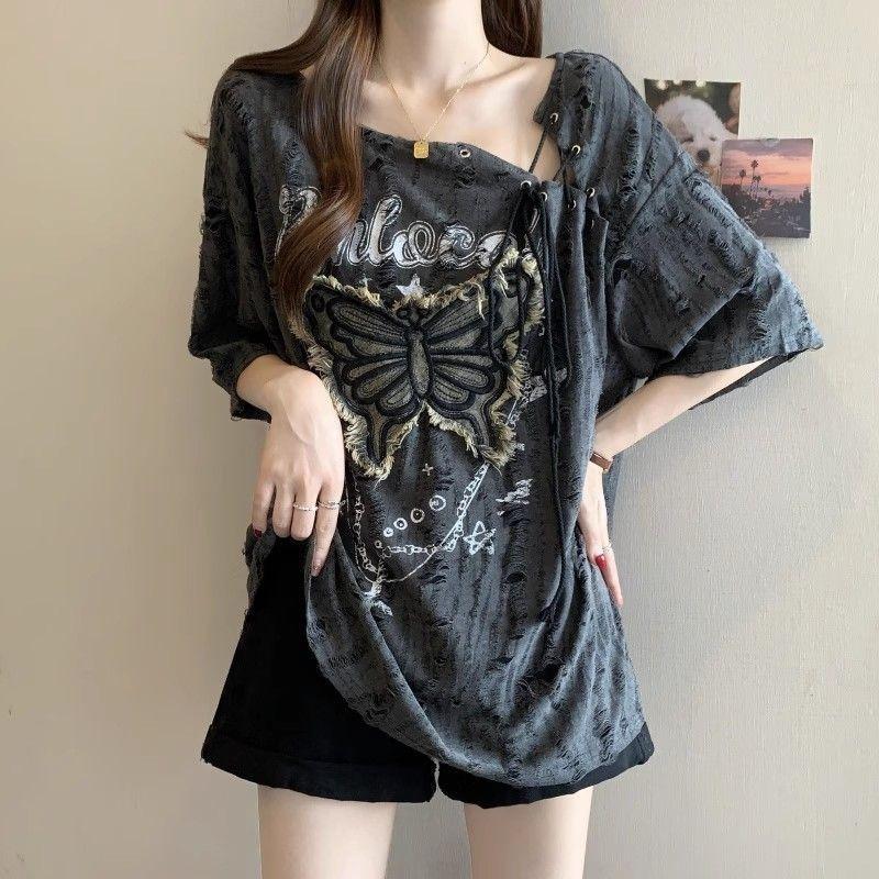Women Off Shoulder Mid Sleeve Butterfly Embroidery Letter Print Loose T Shirt S серый