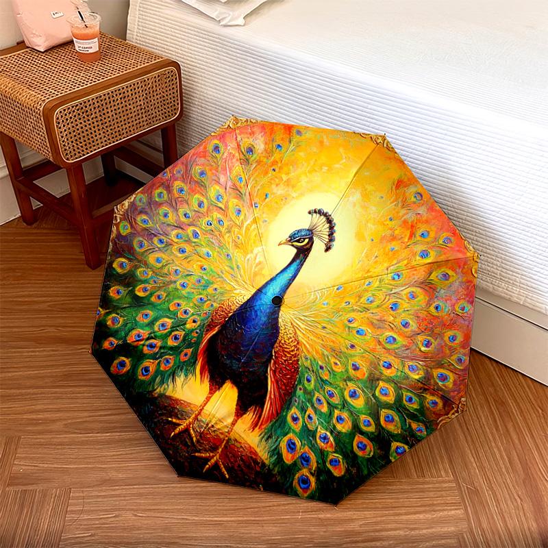 1 PC Automatic Folding Umbrella - Peacock Pattern, Portable & Foldable Design with 8 Ribs, Christmas Birthday Gifts