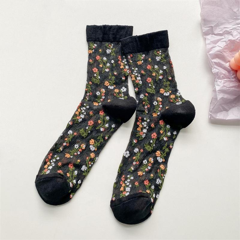 Women's Socks Thin Summer New Novelty Color Fashion Ladies Transparent Socks Breathable Korean Style Girls Flower Socks Modern
