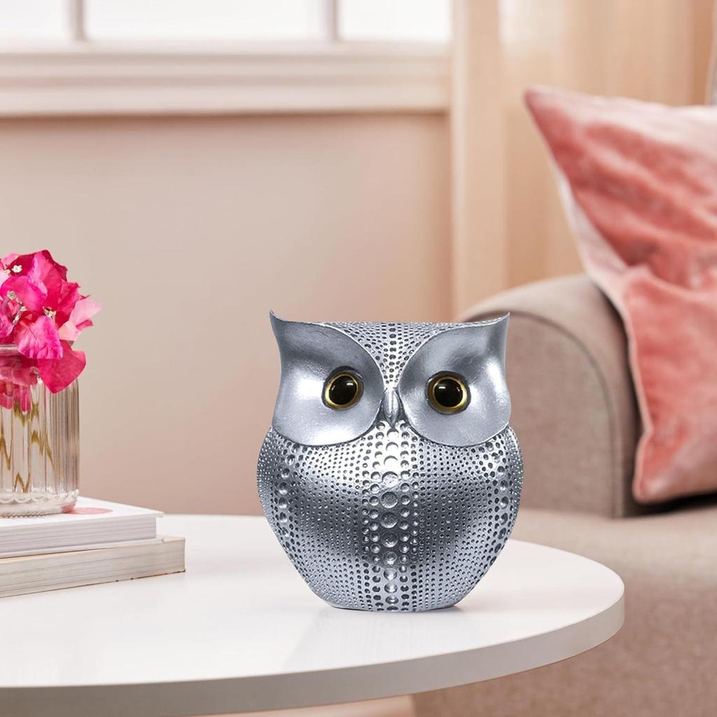 Modern Classy Happy Owl Resin Art Figure Showpiece (Pack of 1, Silver)