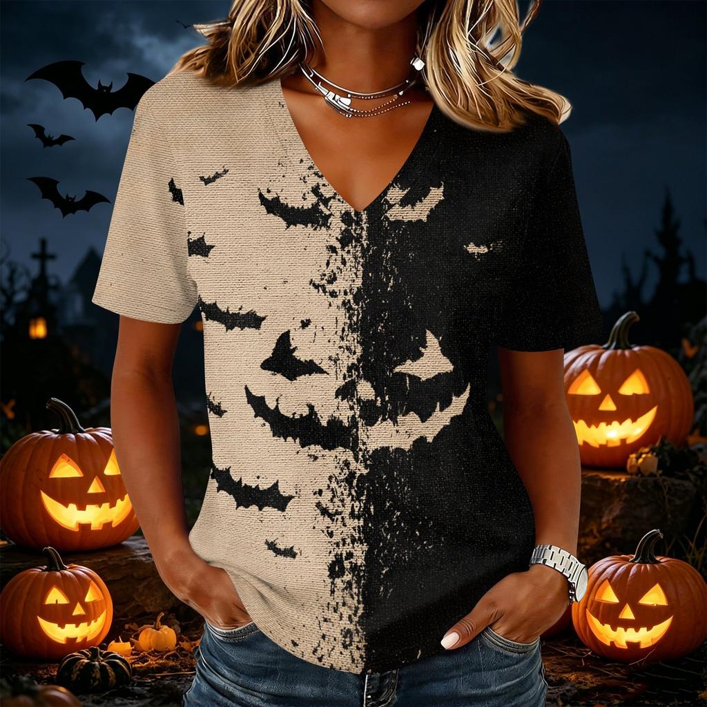 Womens Casual V Neck Pullover Top Halloween Print Short Sleeve Lightweight Blouse for Daily Wear
