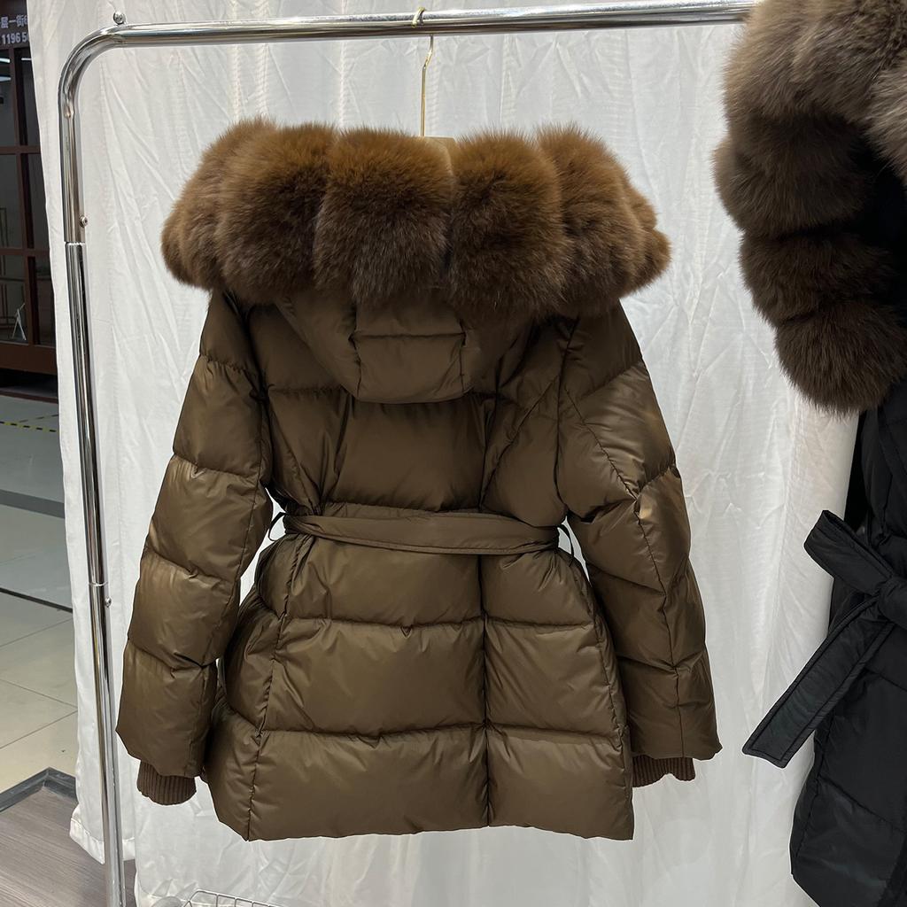 European winter natural fox big fur collar down jacket women's medium and long waist thickened warm hooded jacket