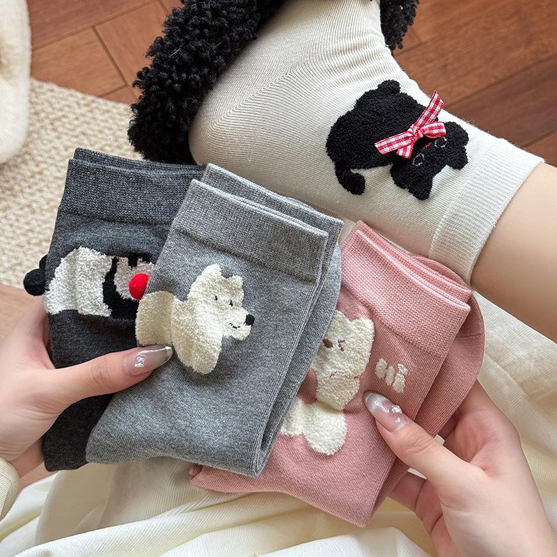 Cartoon Cute Plush Ball Animal Socks, Women's Mid-calf Socks, Trendy Pile Socks, Autumn and Winter Long Socks