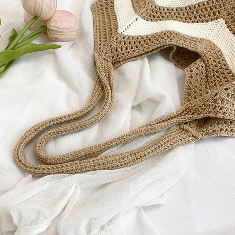 Women's Roomy Woven Net Backpack, Perfect for Summer Vacations, Casual Knitted Hollow-out Shoulder Bag KTB