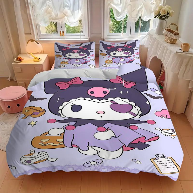3pcs Halloween Kuromi and Pumpkin Printed Duvet Cover Set (1 * Cover+2 * Pillowcase, Without Core), Suitable for Home Bedroom, Guest Room, Dormit
