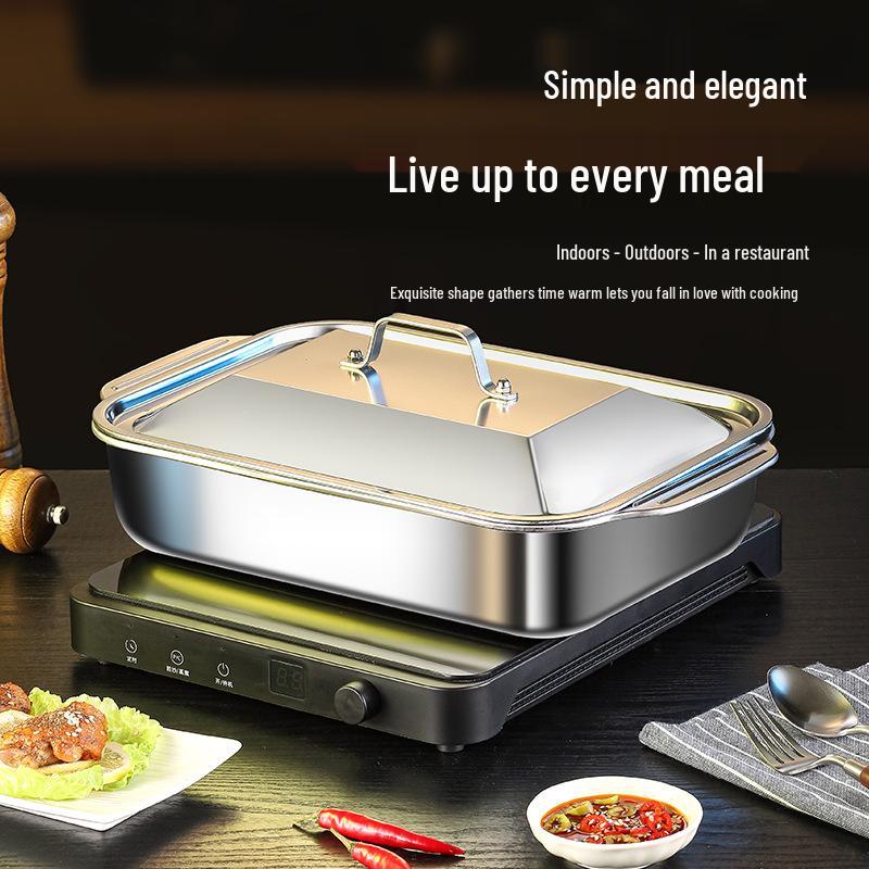 Stainless Steel Rectangular Grilled Fish & Crayfish Tray for Induction Cookers - Flat Bottom & Deep Design