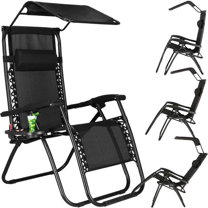 Chaise longue avec pare-soleil SPRINGOS - Noir - 62 x 110 cm - Charge max. 130 kg - Hauteur totale 112 cm