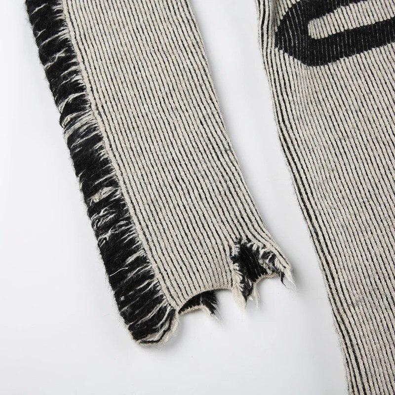 Weekeep Roztrhaný Vintage Svetr Harajuku Patchworkový Potisk Dlouhý Rukáv Svetry pro Ženy Podzim Zima Základní Pulovry Street Style