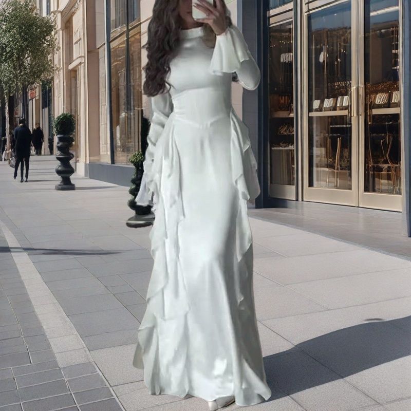 Frühling Europäische und Amerikanische Damenbekleidung Rundhals Trompetenärmel Temperament Hohe Taille Spleißband Kleid