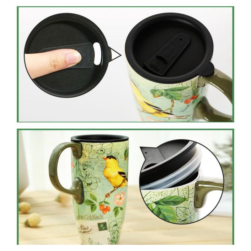 Vysoký keramický hrnek s víčkem Kreativní květinový potisk Krásné kávové hrnky na čaj Mléko, Velký objem Domácí kancelář, 500 ml, 1 ks