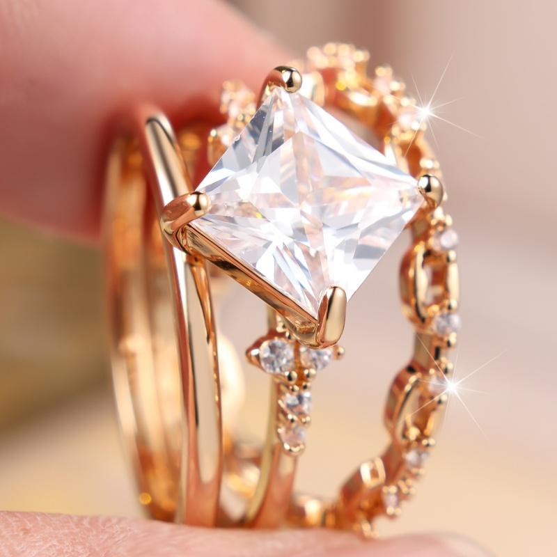 Luxury Gold Color Square Zircon 3Pcs Stackable Ring Set for Women Wedding Banquet Daily and Party