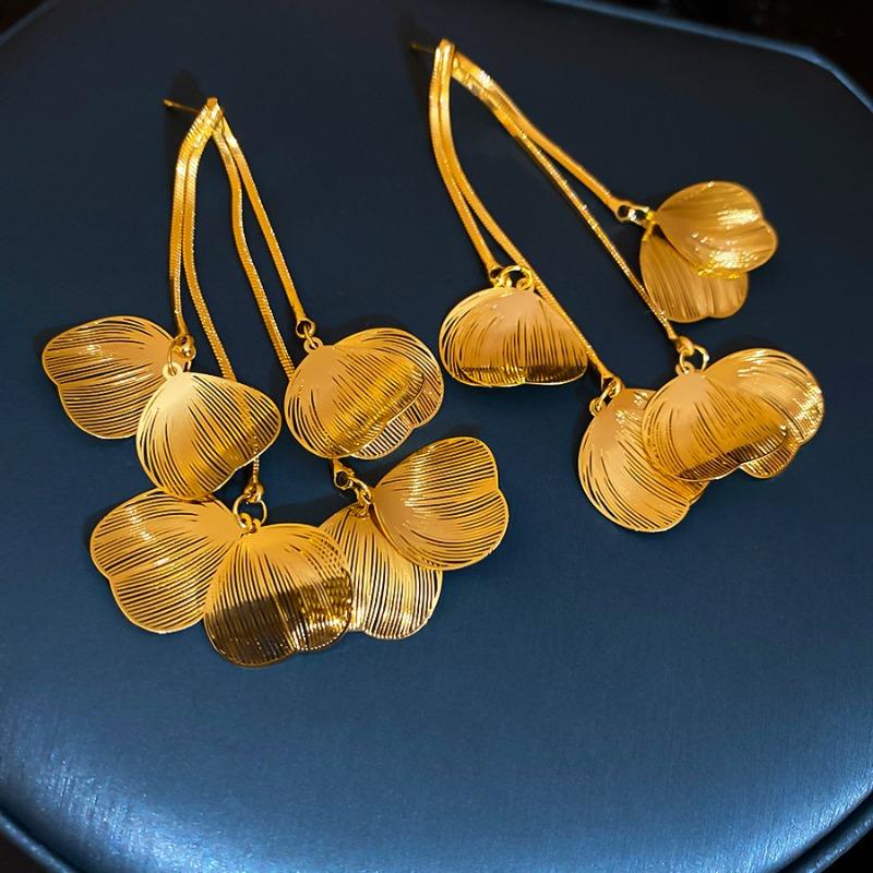 Women French Style Dangle Earrings 14K Real Gold Plated Copper Hollow Metal Flower Petal Long Chain Tassel Fashion Jewelry