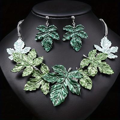 3pcs/set Enamel Leaf Earrings Necklace Set Vintage Banquet Wedding Women Accessories