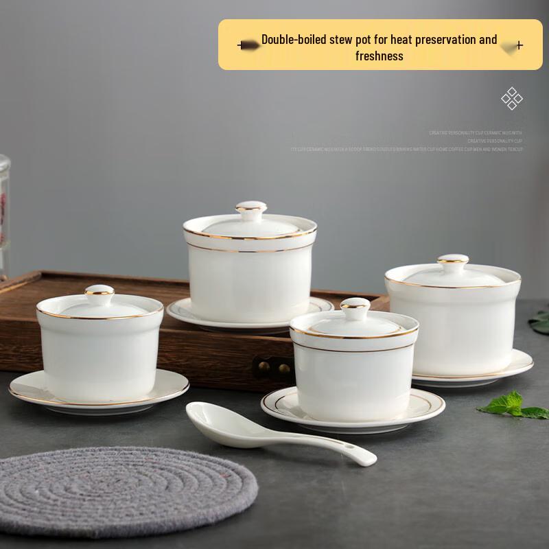 Meiliya Ceramic Double Boiler Stew Pot with Gold Rim