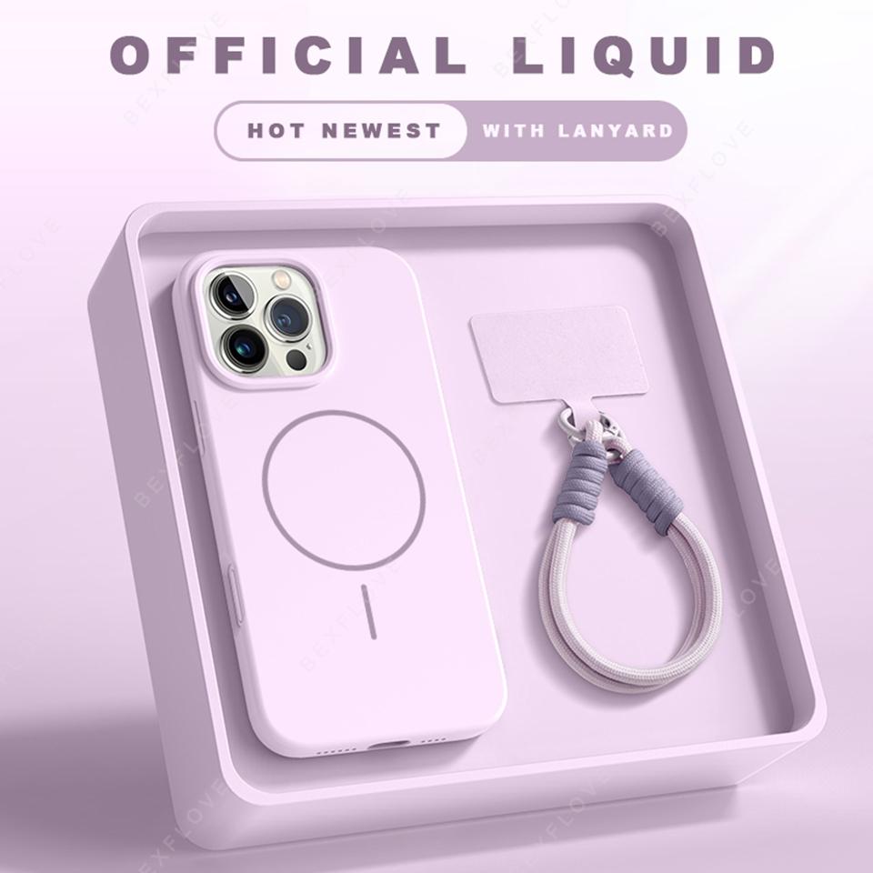 New Magnetic Lanyard Phone Case For iPhone 15 14 16 Plus 11 12 13 16 Pro Max Magsafe Liquid Silicone Strap Protector Soft Cover