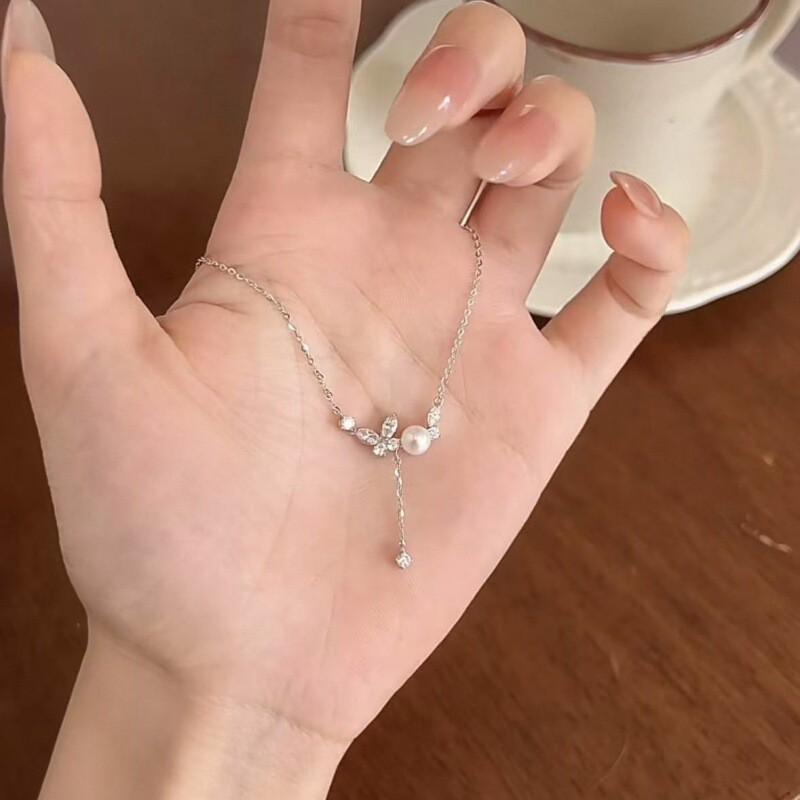 Sterling Butterfly Pendant Necklace With Freshwater Pearl Tassel Adjustable Chain Women Fashion Office Wear