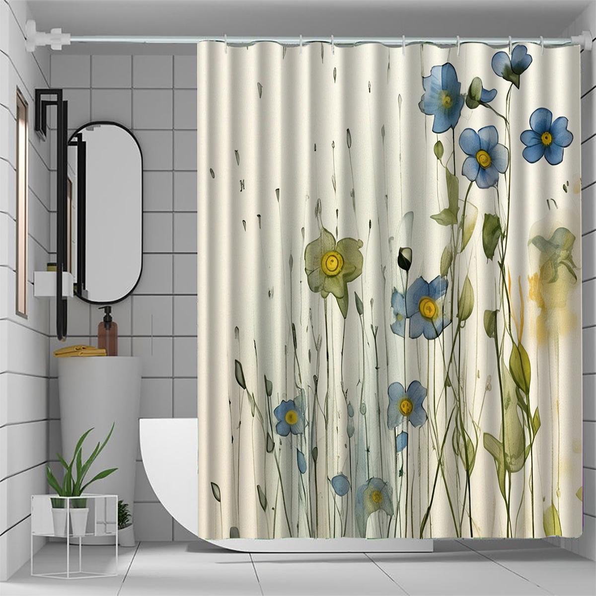 

1Pc Blue Floral Shower Curtain, High-End Elegant Bathroom Decoration Pattern W60H190(CM)-1 Pcs