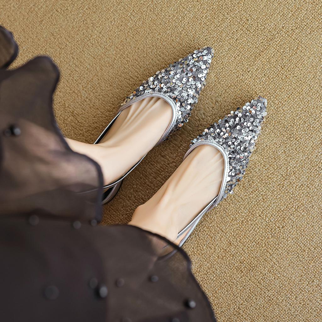 Mode designer spetsiga sandaletter med glitter för kvinnor sexig bakrem sommarskor för fest bling bling paljetter sandalias mujer stor storlek 43