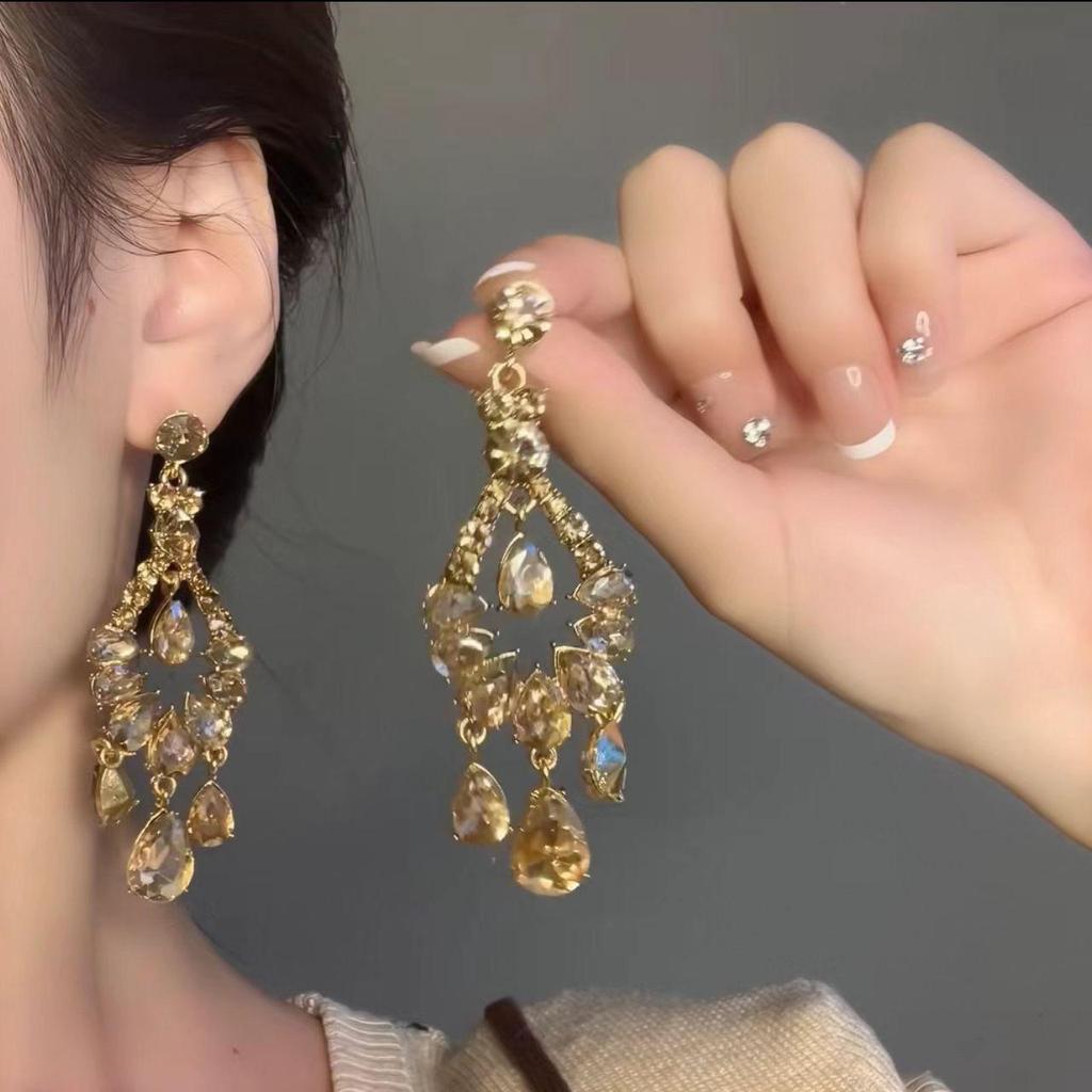 Elegant French Court Rhinestone Water Drop Tassel Earrings