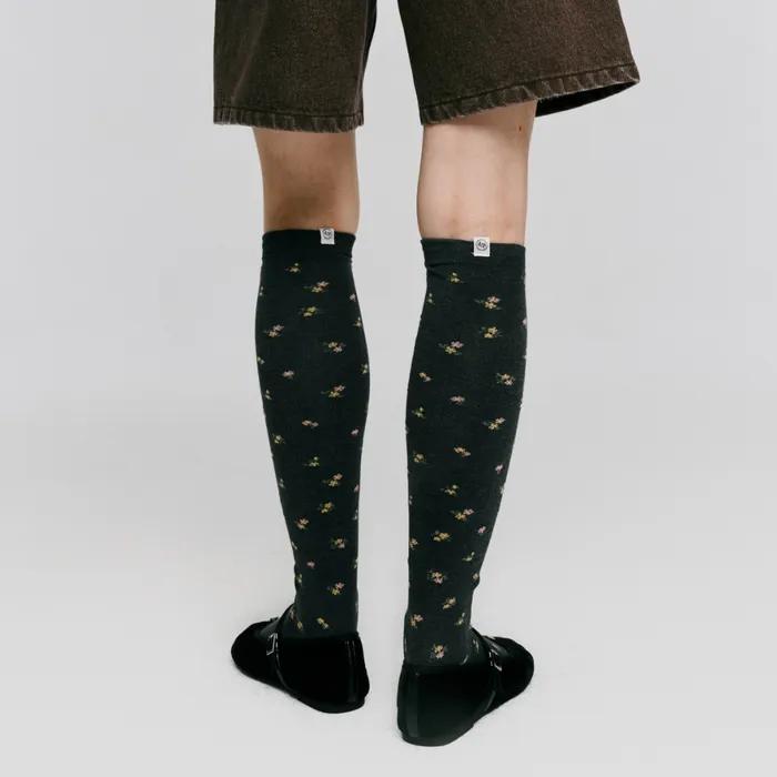 flower pattern knee socks - charcoal