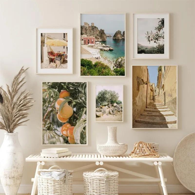 Italy Sicily Mediterranean Coast Posters Modern Landscape Posters and Prints Canvas Painting Decor Living Room Home Decoration