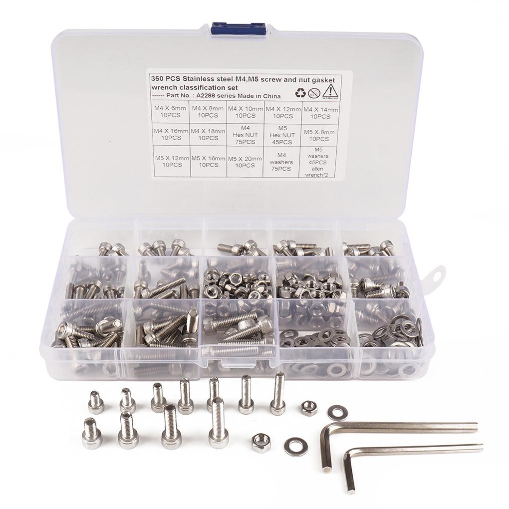 

350 шт./набор M4 M5 Винт с шестигранной головкой Гайка Нержавеющая сталь Плоская шайба Прокладка Ключ Ассортиментный набор