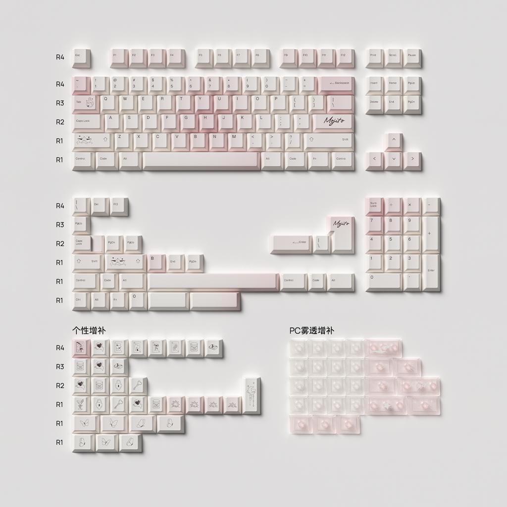 Keyboard Keycap White Peach Mojito Pbt Pc Dye-Sublimated 1.7Mm Cherry Mx Custom Pink White Cute Alice Layout Keycaps 190 Keys.