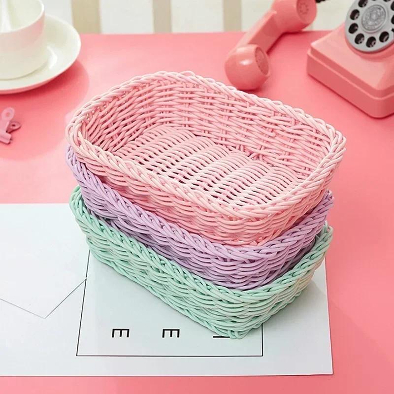 Scatola portaoggetti in plastica intrecciata organizer per scrivania ufficio colori caramella due forme disponibili per articoli domestici