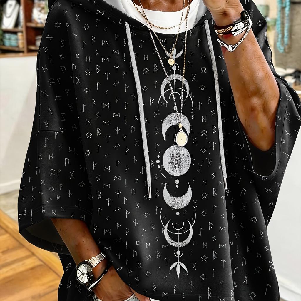 Women's Dark Moon Script Printed European and American Large Size Loose Drop Shoulder Drawstring Hoodie