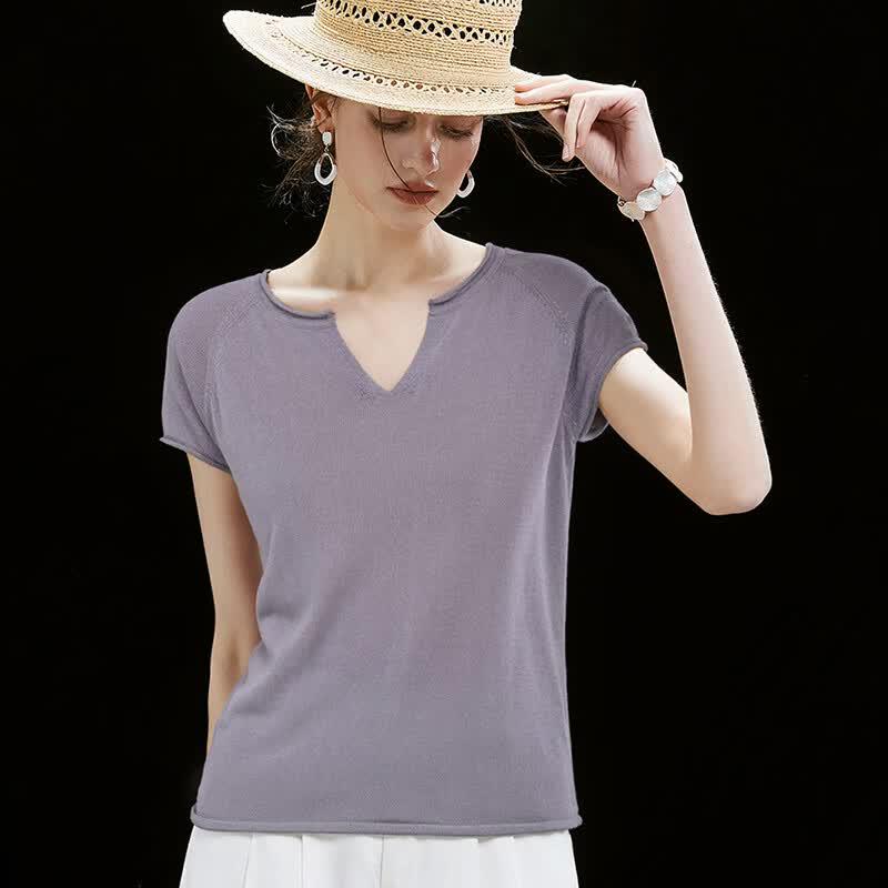 Wudao French Minimalist Y-Neck T-Shirt with Tencel Linen