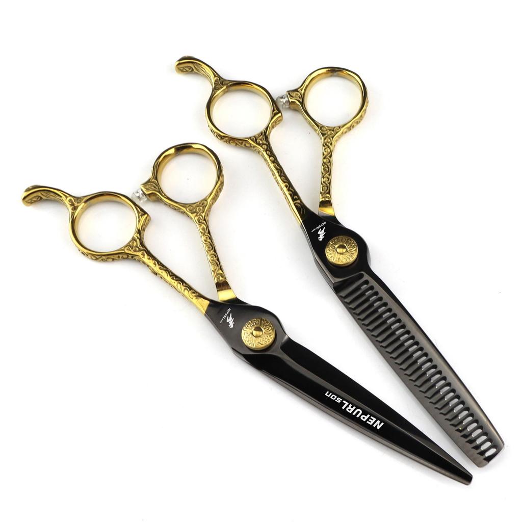 6.0" Black & Gold Floral Pattern Hairdressing Scissors Set - Straight & Thinning Shears